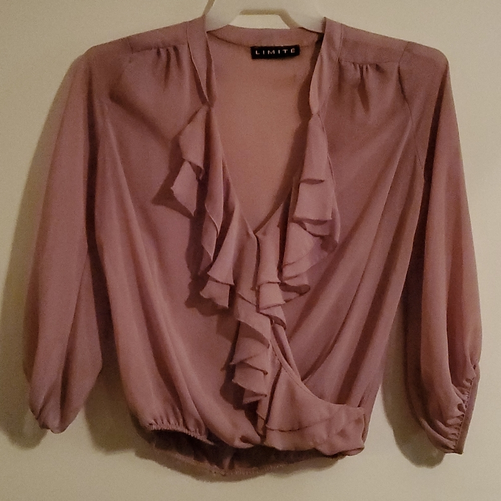 Dusty rose Limite sheer ruffle crossover blouse